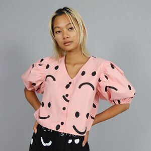 LAZY OAF Happy Sad Boxy Puff Short Sleeves Shirt In Pink Women’s 8
